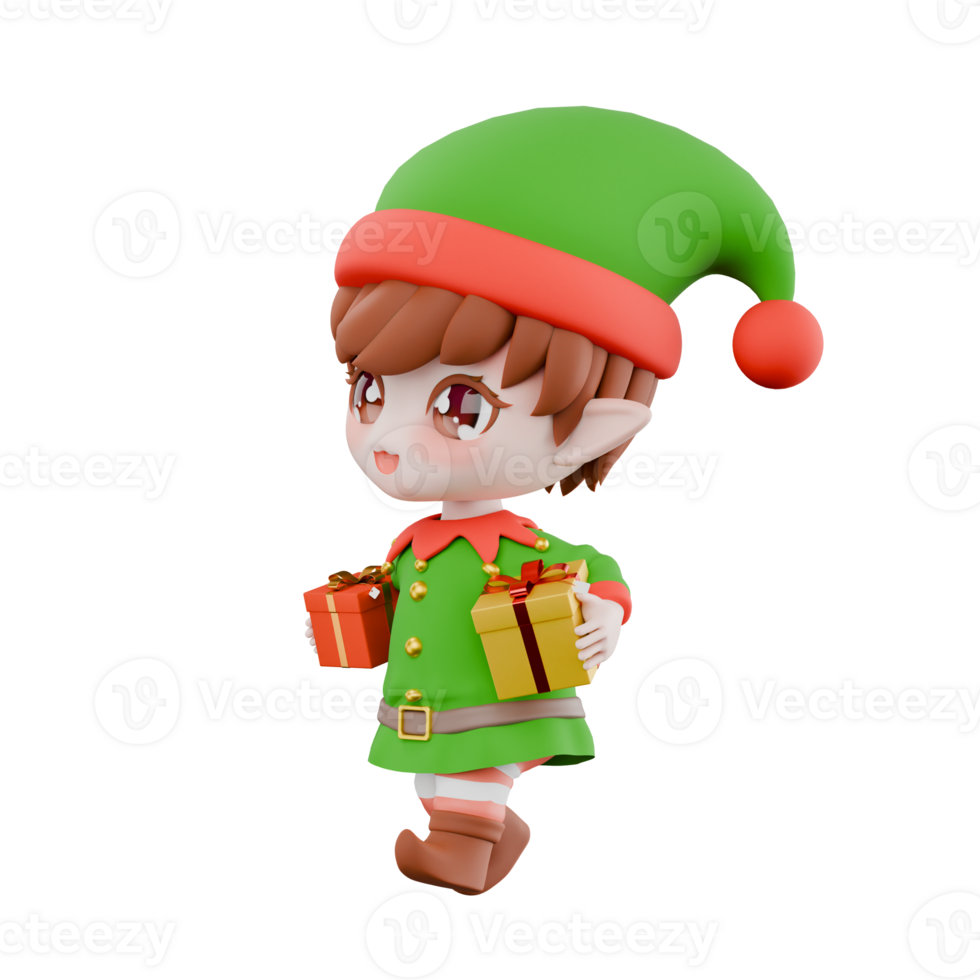 Festive Chibi Elf Holiday Design. A male Chibi Elf walks with each of his hands carrying a present. Christmas Cartoon 3D Model png