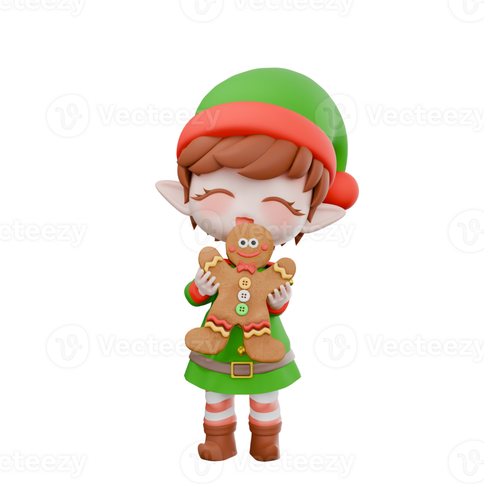 Festive Holiday Chibi Elf Cartoon Character. A male Chibi elf standing with both hands holding a Christmas gingerbread cookie, smiling expression with eyes closed. Christmas 3D Model png