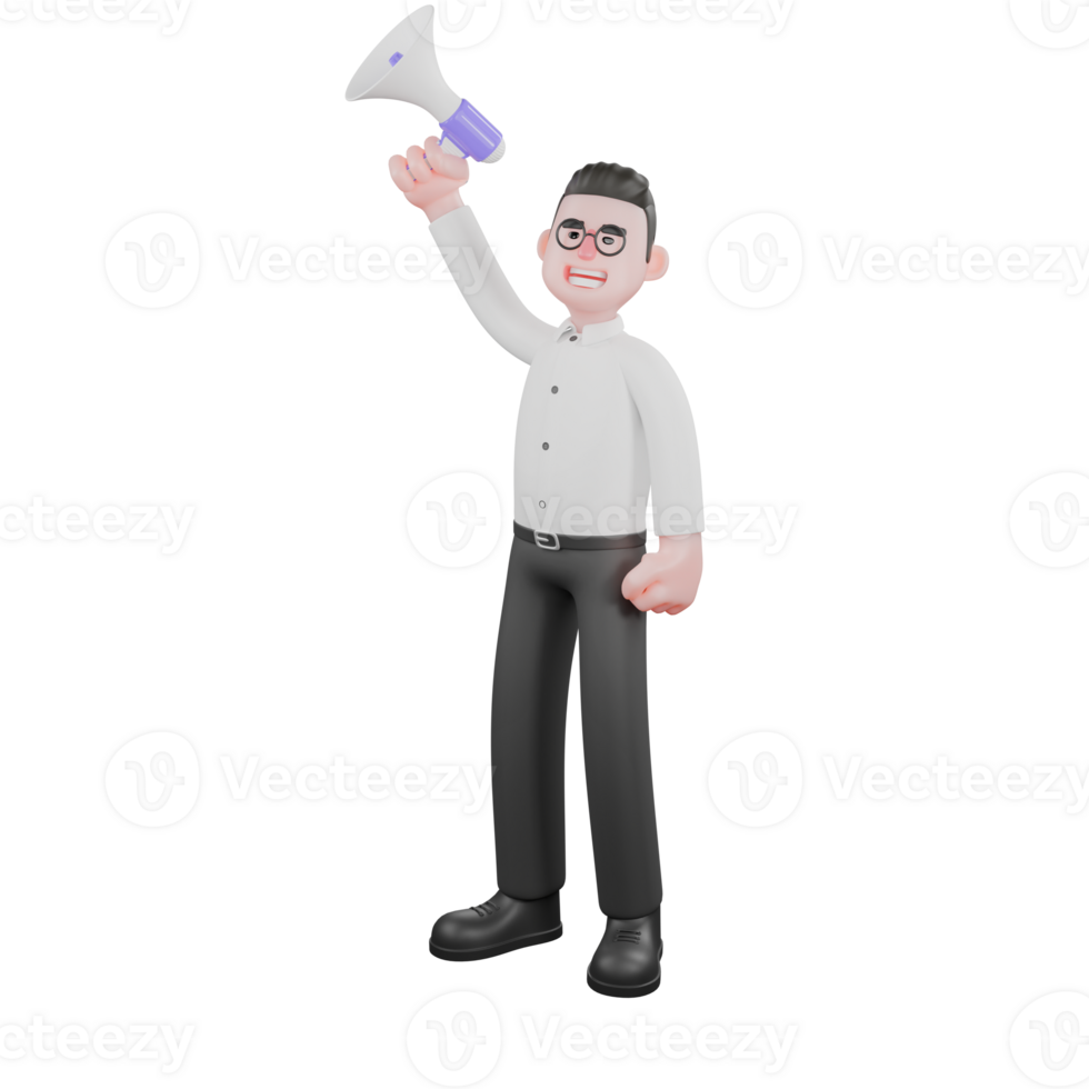 Creative 3D Model. A male producer stands with one hand holding a loudspeaker up, a proud expression. Movie Style png