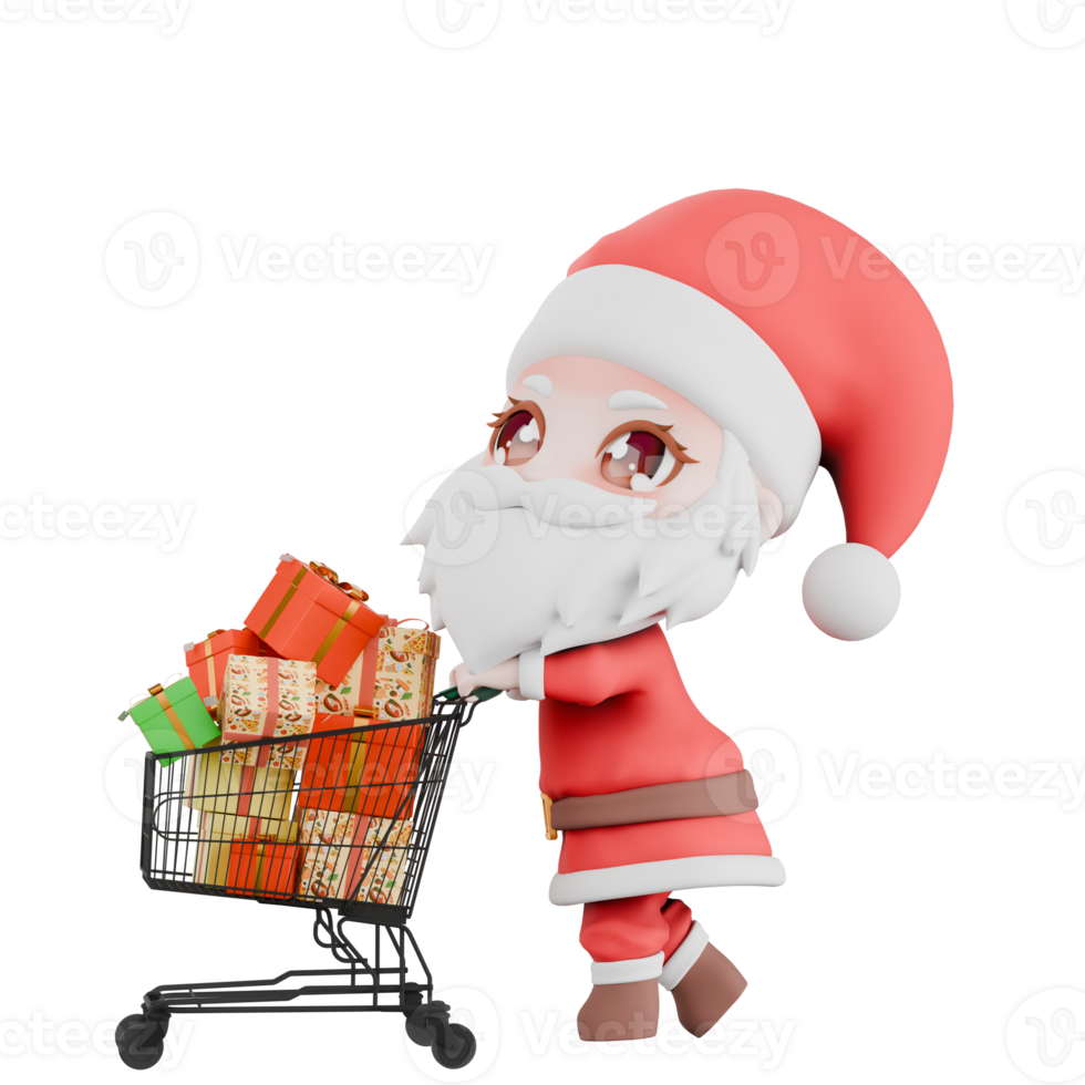 Chibi Santa Boy Holiday Cartoon Character. A Chibi Santa Boy walks while pushing a trolley containing a pile of gift boxes. Festive 3D Model png