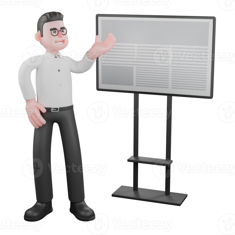 Movie Producer Cartoon. A male producer stands next to a whiteboard with his left palm open, as if explaining. Cartoon 3D Model png