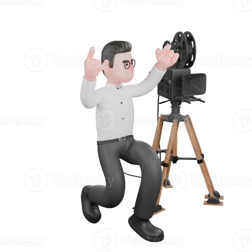 3D Producer Design. A male producer standing next to a film camera with his legs slightly bent down and both hands raised up. Animation png