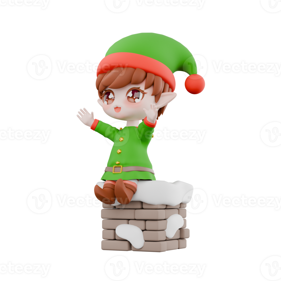 Chibi Elf Cartoon Christmas Model. A male Chibi elf sits on a chimney with his arms out to each other. Festive 3D Design png