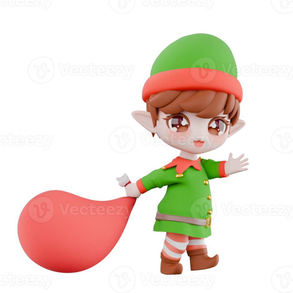 Chibi Christmas Elf Cartoon Model. A Chibi Elf walks to the left while carrying a sack containing Christmas presents in her right hand. Festive 3D Illustration png
