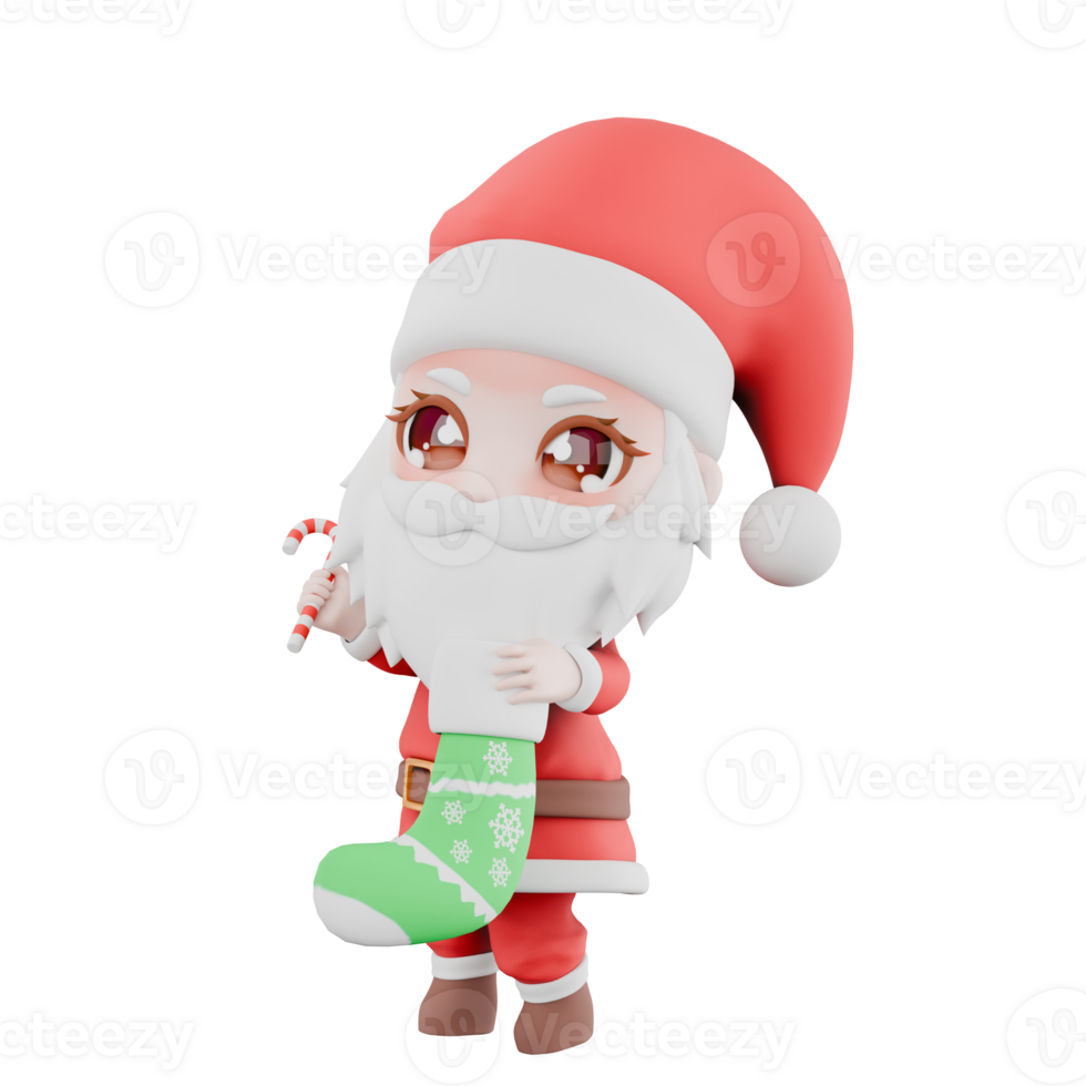 Chibi Santa Boy Holiday Cartoon. A Chibi Santa Boy walking with socks and a stick in both hands. Christmas 3D Model png