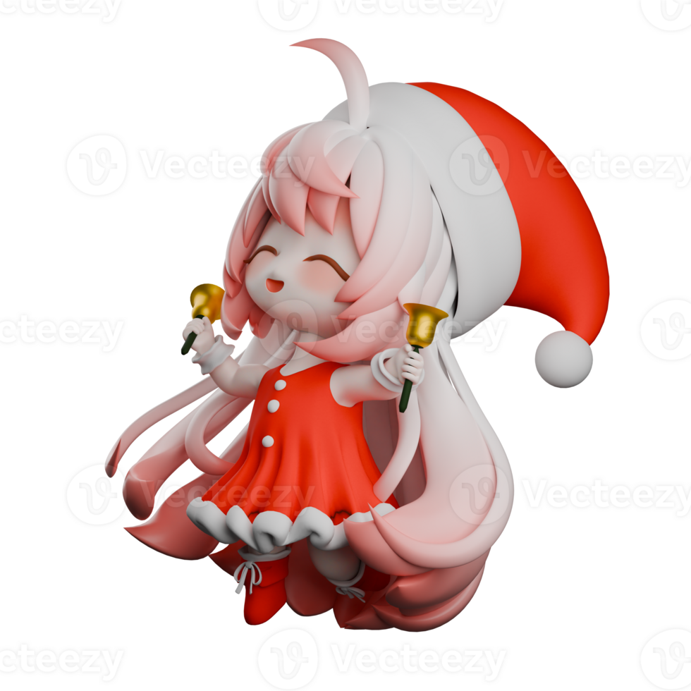Chibi Girls Santa Cartoon Design.A Chibi Girls Santa jumps with both hands holding a yellow bell. Holiday Christmas 3D Model png