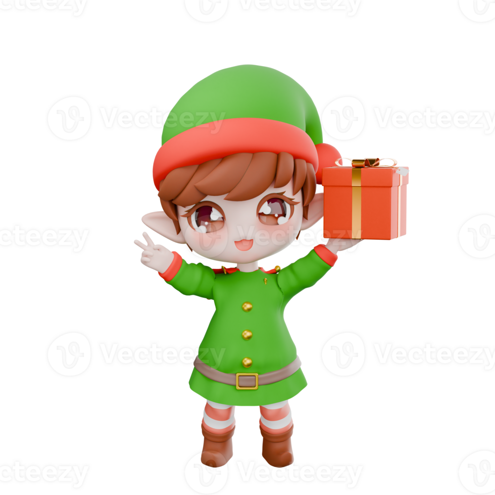 Holiday Chibi Elf Cartoon Model. A male Chibi Elf stands with one hand holding a gift beside his head and the other hand forming a 2 finger pose. 3D Christmas Character png