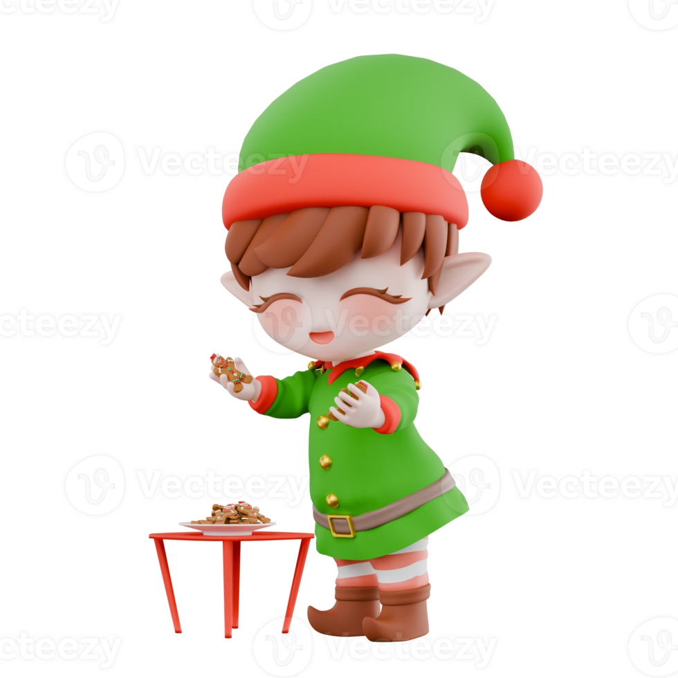 Chibi Elf Christmas 3D Design. A male Chibi Elf stands next to a plate of cookies with both hands holding cookies. Festive Cartoon Model png