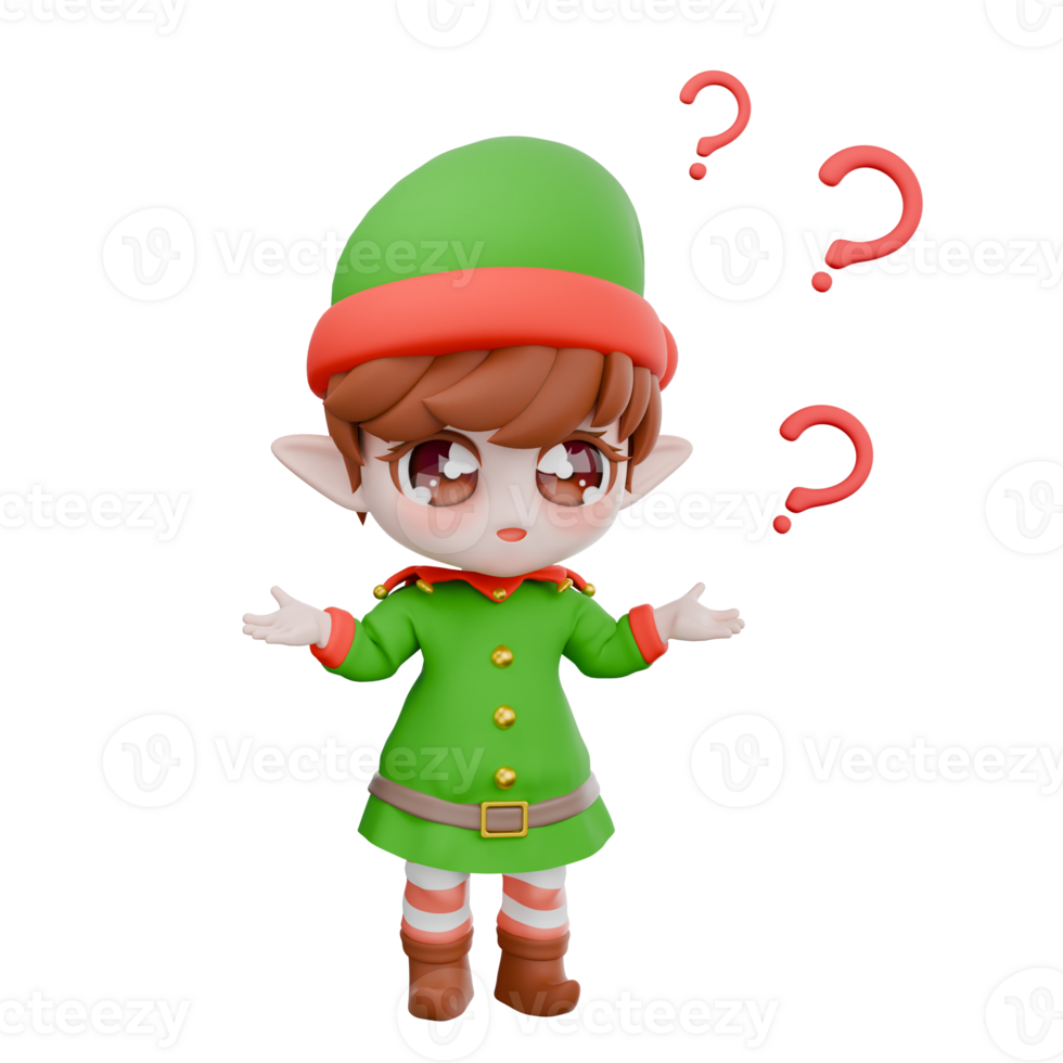 Chibi Elf Festive Holiday Cartoon. A male Chibi elf stands with his arms out to the side as if he doesn't know. Christmas 3D Model png
