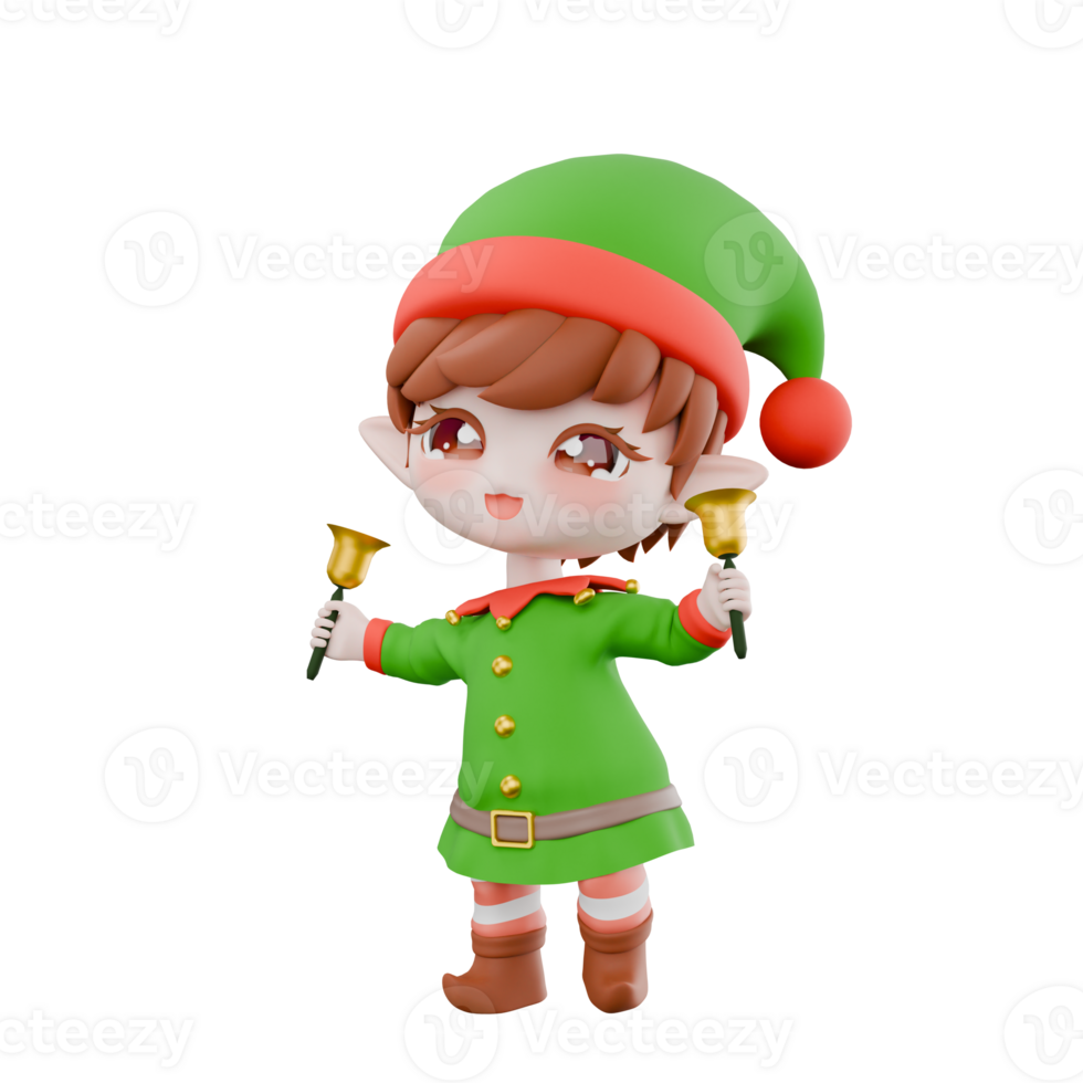 Chibi Elf Christmas 3D Model. A male Chibi Elf stands with both hands carrying two yellow bells. Holiday Cartoon Design png