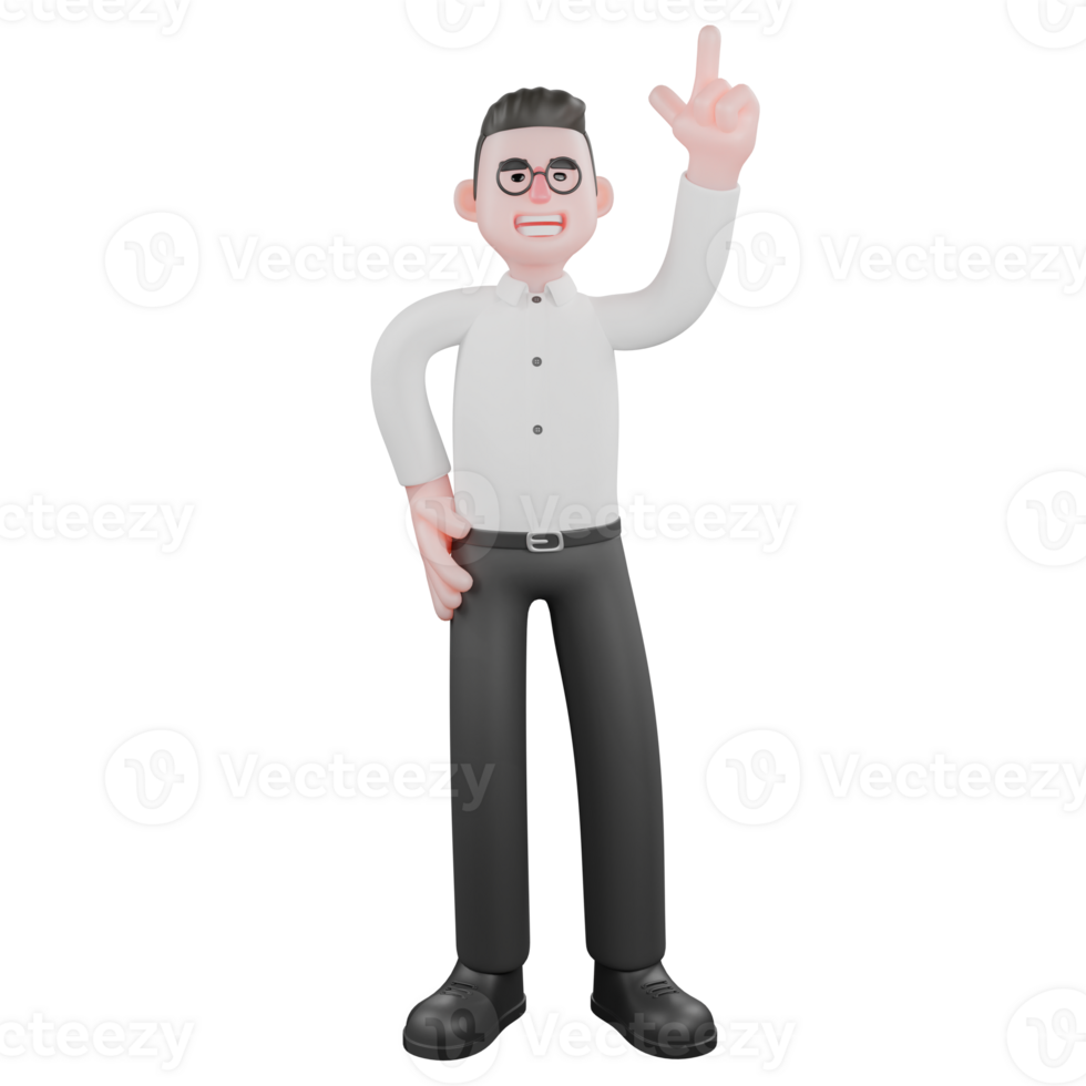 Animated 3D Cartoon. A male producer stands with one hand on his waist and the other pointing up, a confident expression. Professional Illustration png