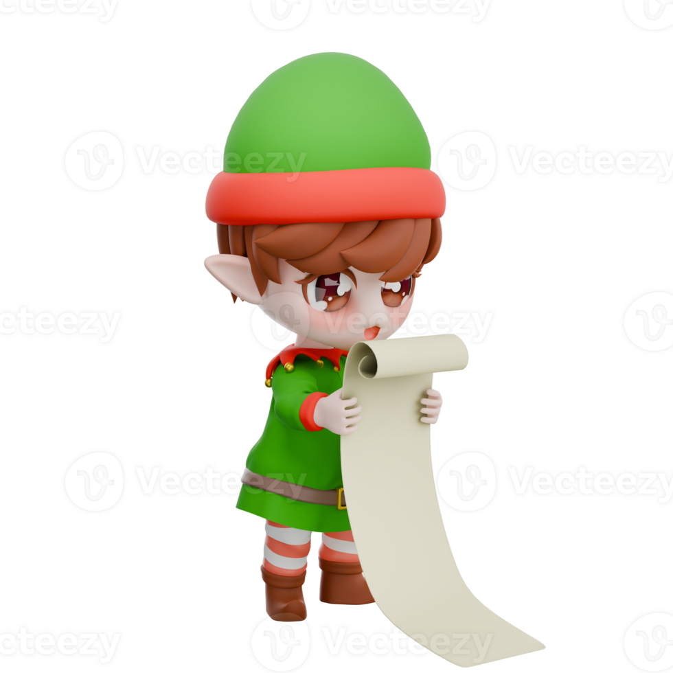 Holiday Cartoon Christmas Chibi Elf. A male Chibi elf stands while both hands hold a long piece of paper with a surprised expression. Festive 3D Model png