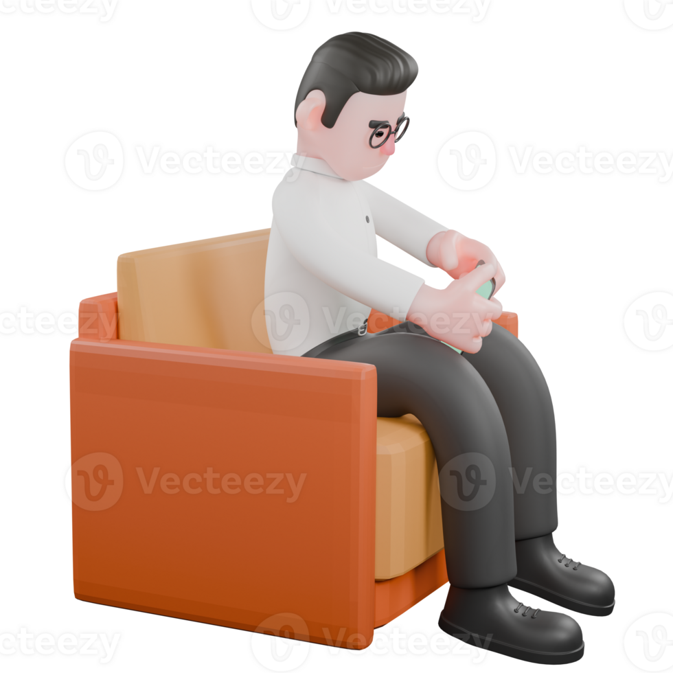 3D Producer Design. A male producer sitting on a couch with a mobile phone in his hand, expression focused. Professional Illustration png