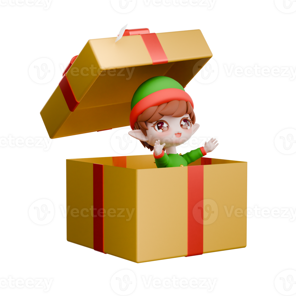 Holiday Festive Cartoon Chibi Elf. A male Chibi elf stands inside a large gift with both hands raised, with a surprised expression. Christmas 3D Model png