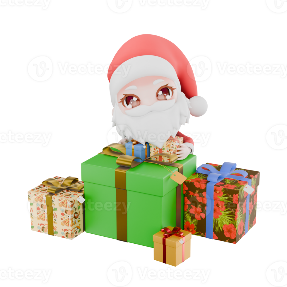 Christmas Chibi Santa Boy Cartoon Design. A Chibi Santa Boy Standing in front of a pile of presents while holding presents in both hands, expressing happiness. 3D Model Character png