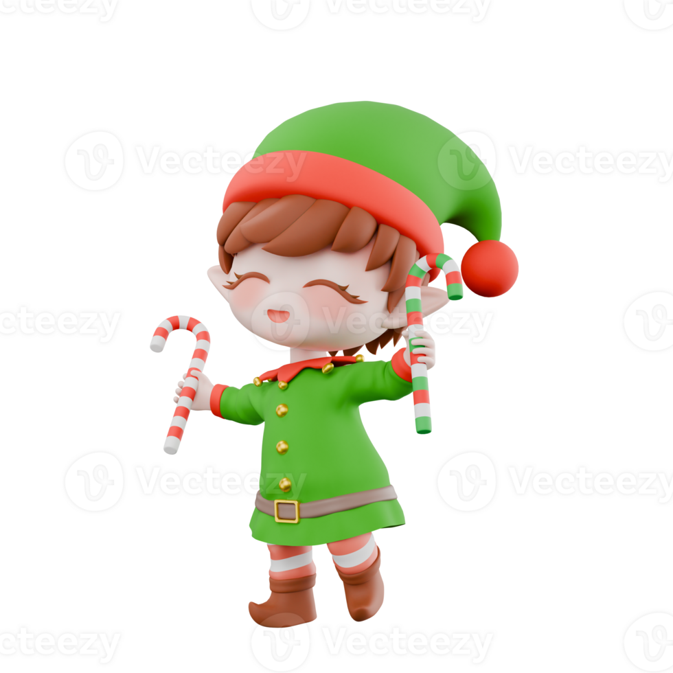 Christmas Cartoon Chibi Elf 3D. A male Chibi elf walks with his eyes closed while holding a candy cane in both hands, a happy expression. Holiday Festive Model png