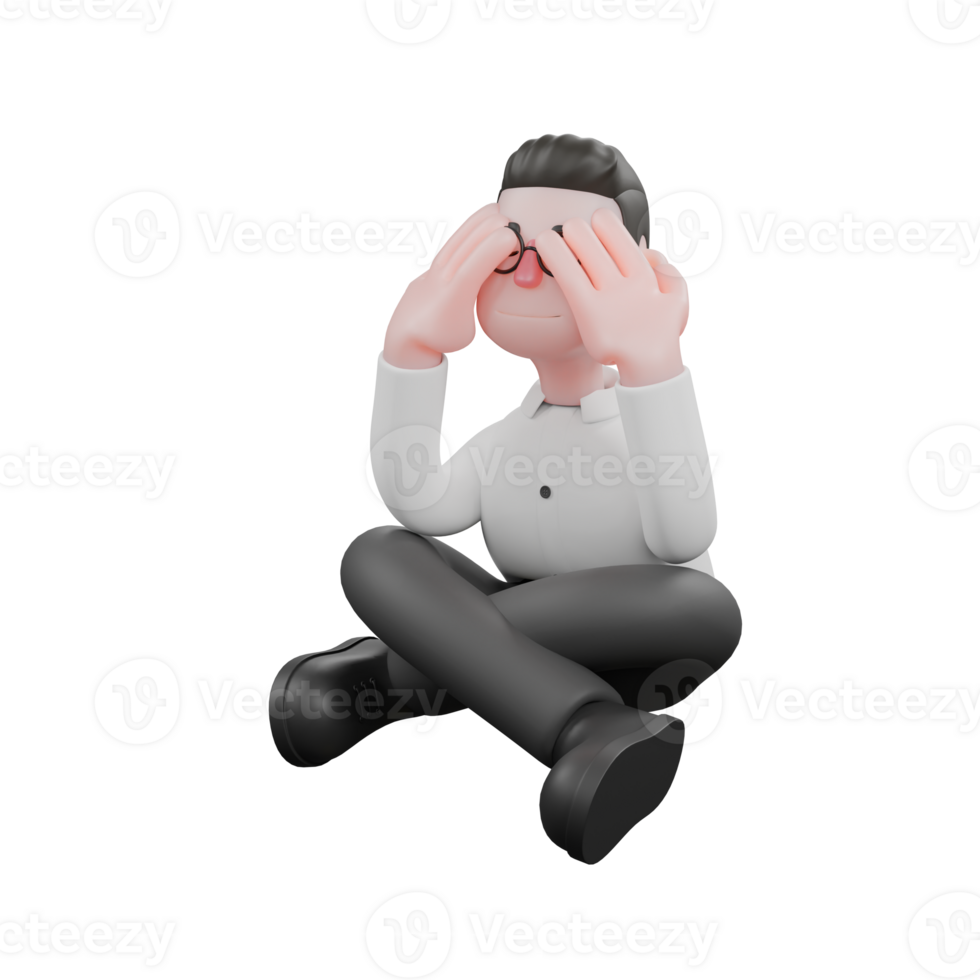 Animated 3D Cartoon. A male producer sits on the floor with both hands on his face, expression full of sadness. Studio Style png