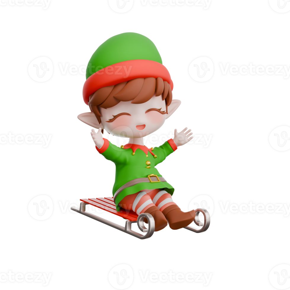 Festive Christmas Cartoon Elf Chibi. A male Chibi elf sitting on a snow sled with both hands open upwards, smiling expression with eyes closed. Holiday 3D Illustration png