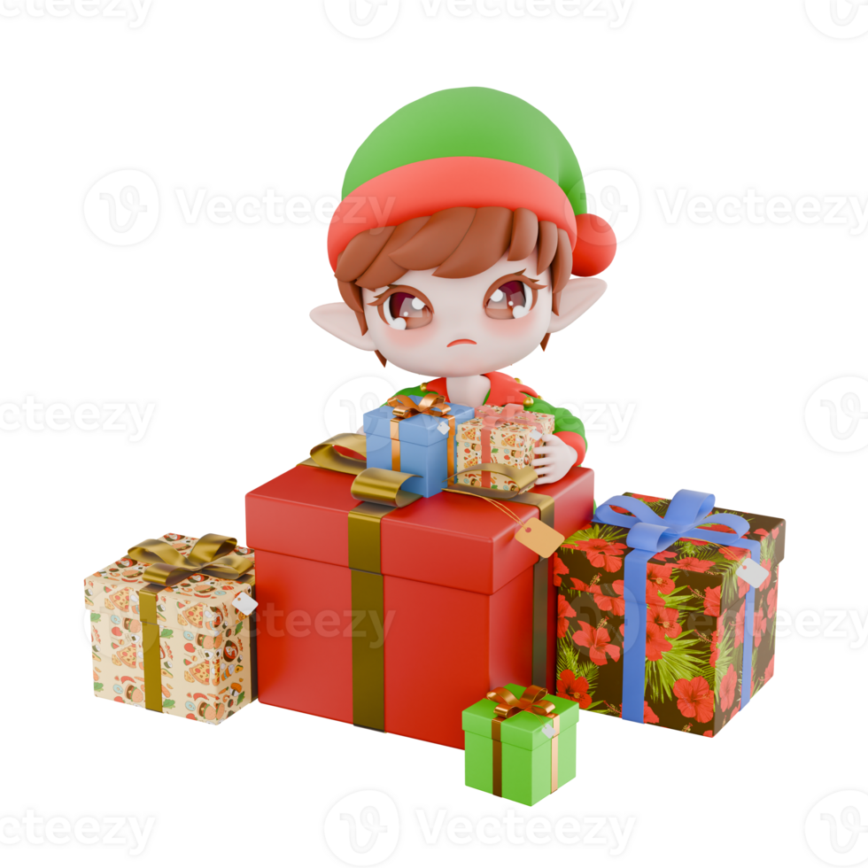 Christmas Chibi Elf Cartoon Design. A male Chibi Elf sits behind a pile of presents with his hands holding presents, a moved expression. 3D Model Character png