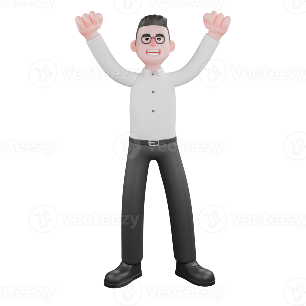 Cartoon Movie Director. A male producer stands with both hands raised in the air, a happy expression . Cartoon 3D Model png