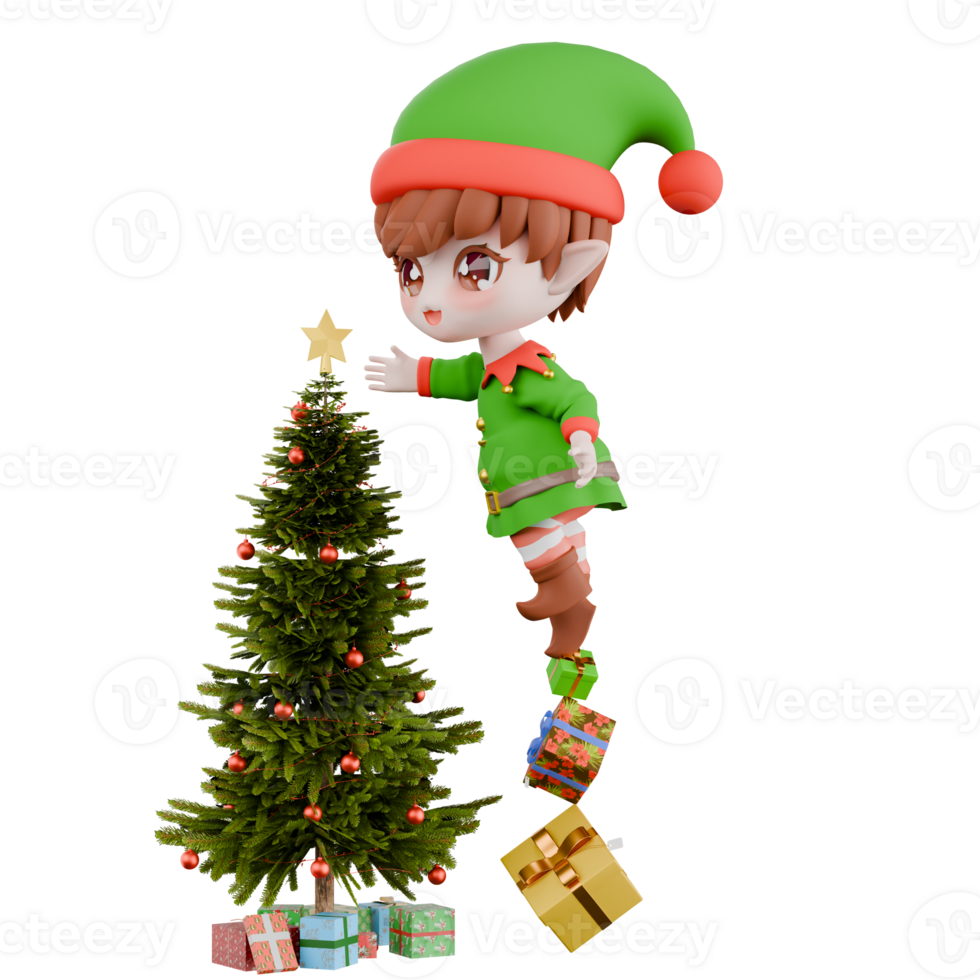 Festive Holiday Chibi Elf Cartoon. A Chibi Elf stands on a pile of Christmas presents with her right hand wanting to reach for the star on the Christmas tree. Christmas 3D Design png