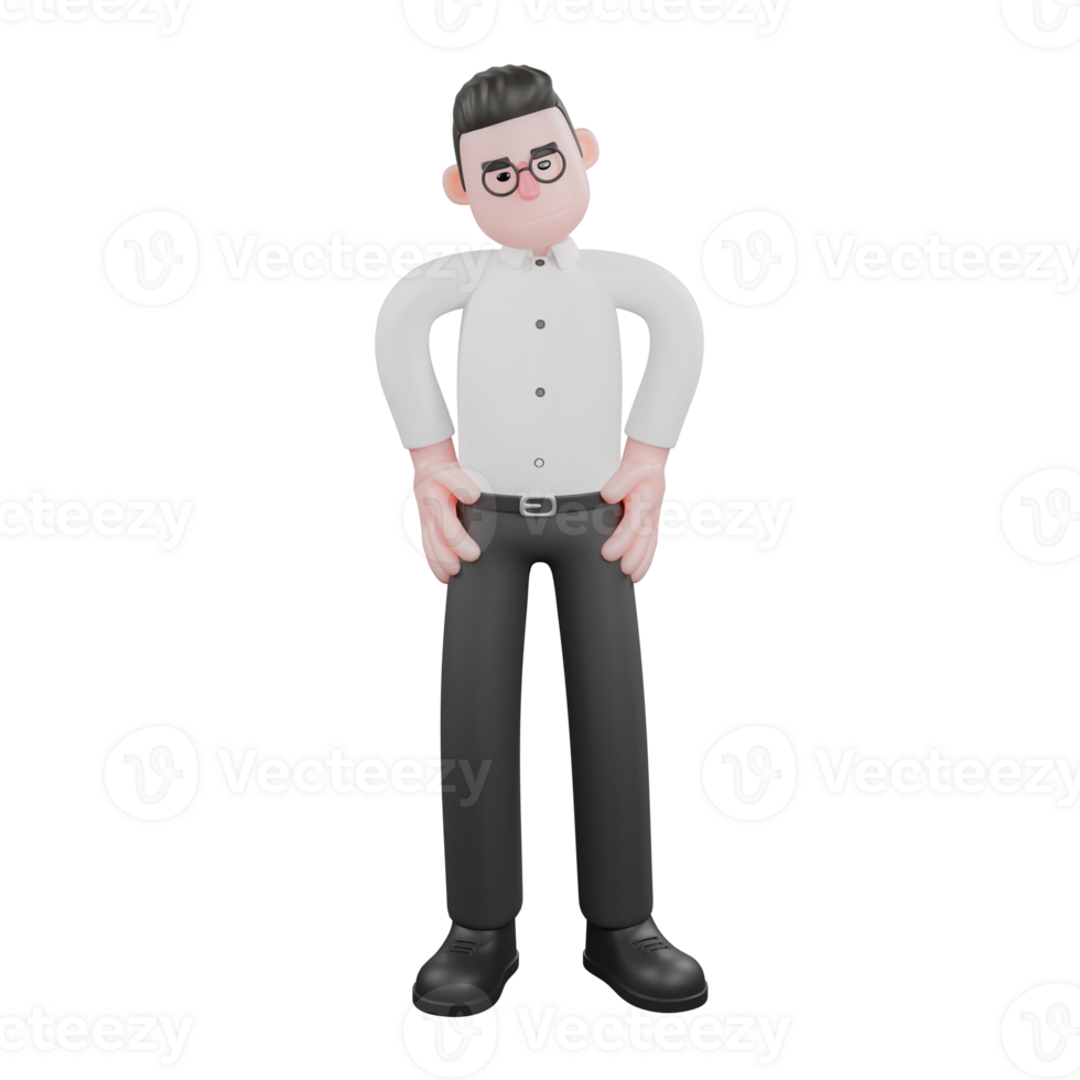 3D Filmmaker Producer. A male producer standing with his hands on his hips, listening to a coworker while nodding, expression in agreement. Movie Style png