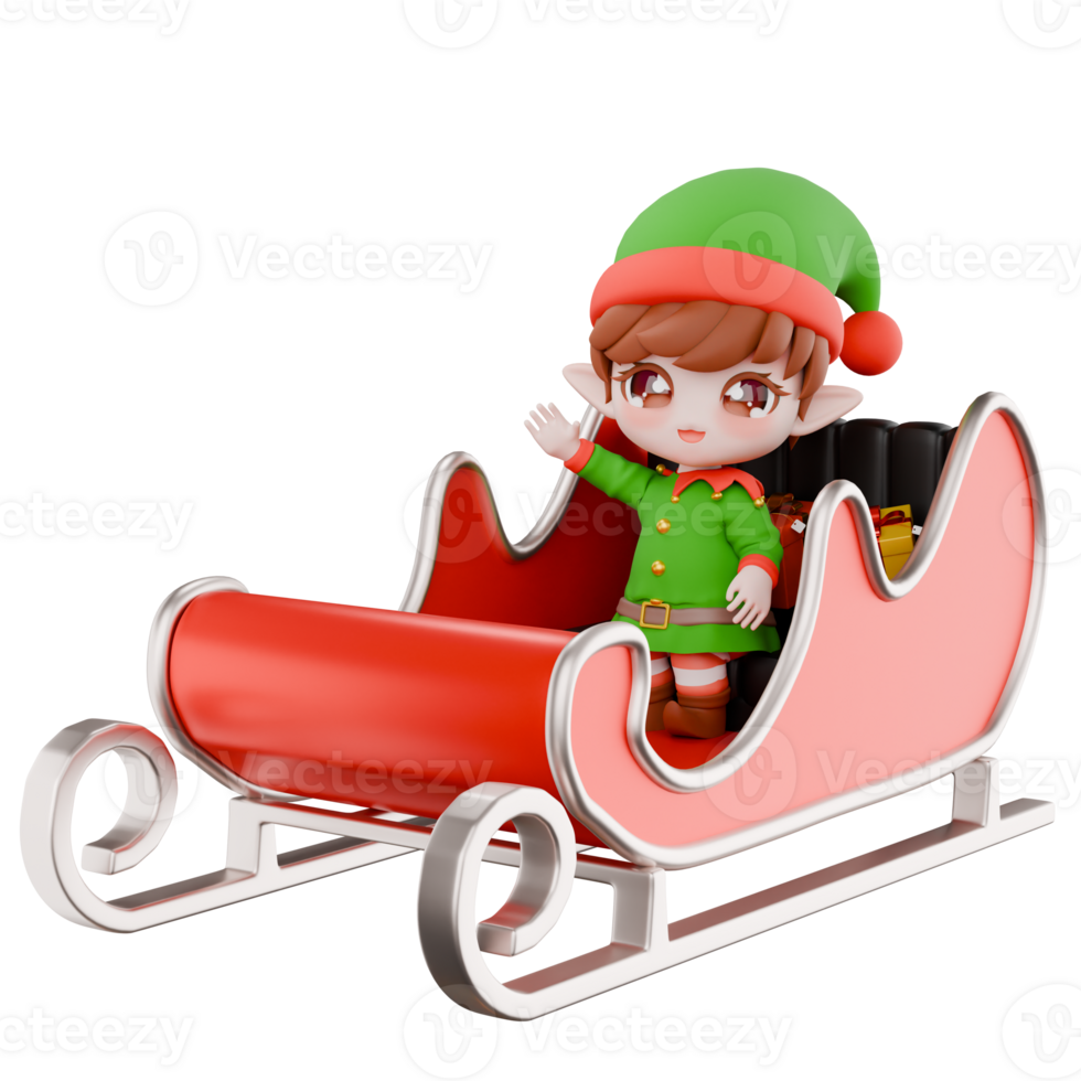 Festive Christmas Chibi Elf Model. A male Chibi elf sits on a Christmas sleigh while waving his right hand, a cheerful expression. Holiday Cartoon Design png