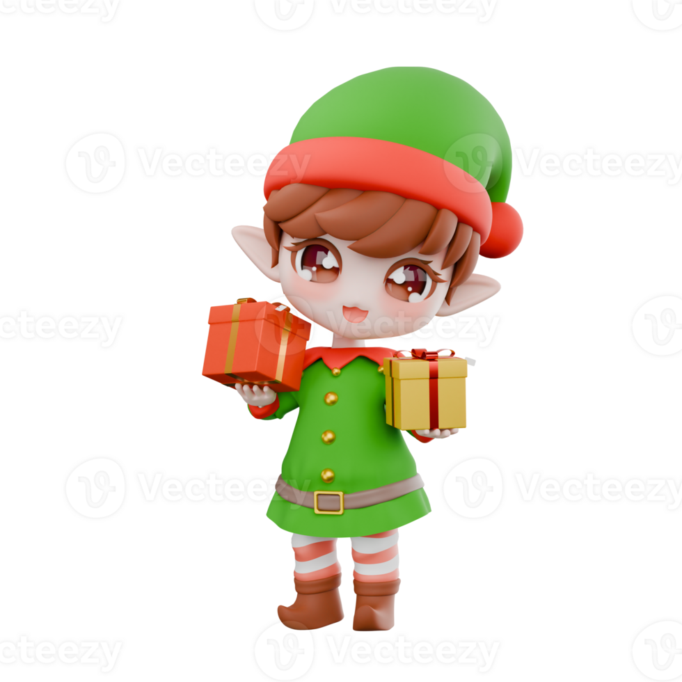 Chibi Christmas Cartoon Elf Design. A male Chibi elf standing with both hands holding a present with a smiling expression with eyes closed. Holiday Festive 3D Model png