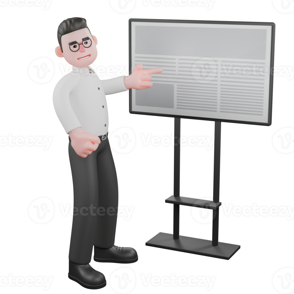 Creative 3D Model. A male producer standing in front of a whiteboard with his hand pointing at the board, speaking with an expression full of ideas. Director Model png