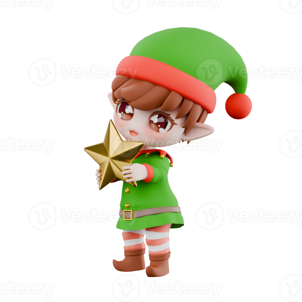 Holiday Festive Christmas Cartoon Chibi Elf. A male Chibi elf is standing facing right with both hands holding a gold star. 3D Character png