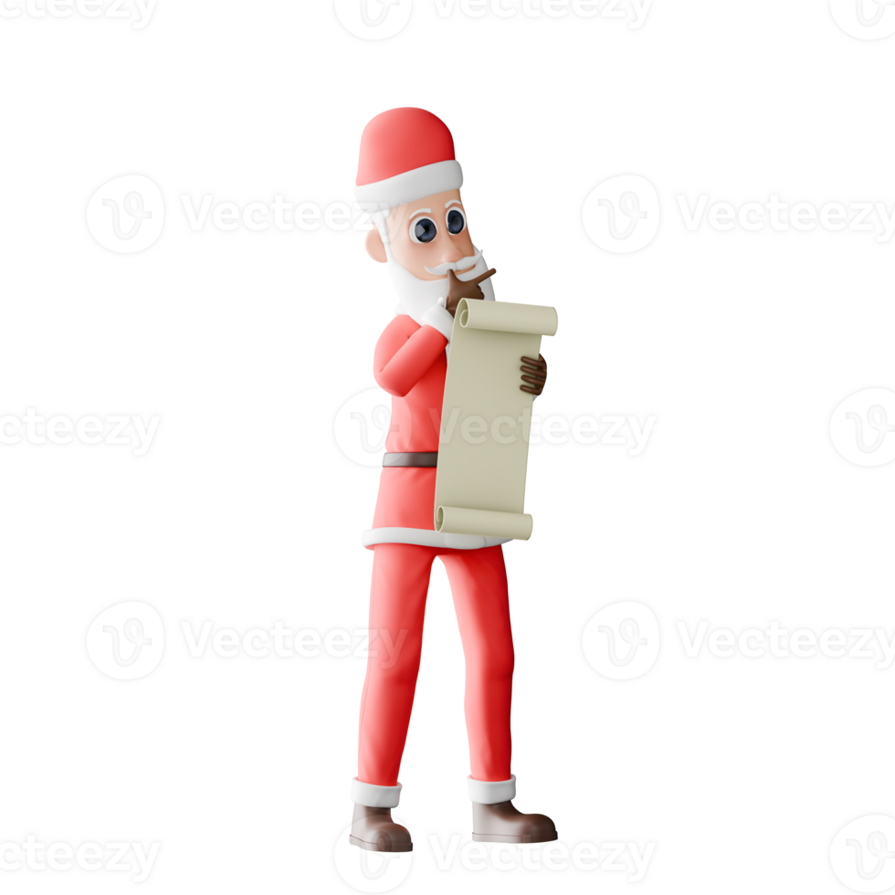Santa Claus 3D Model Christmas. A male Santa stands with both hands holding a sheet of paper containing a list.Themed Cartoon Design png