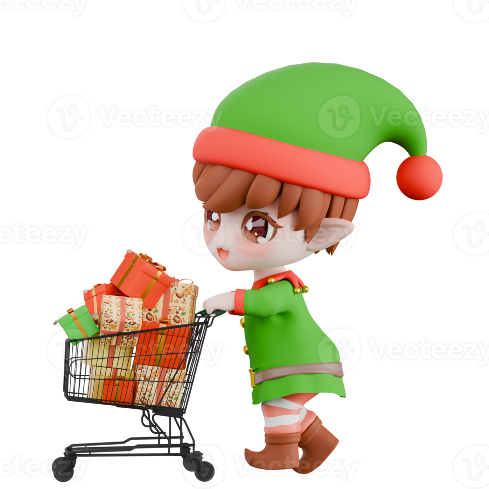 Chibi Elf Holiday Cartoon Character. A Chibi Elf walks while pushing a trolley containing several presents inside, with a happy expression. Festive 3D Model png