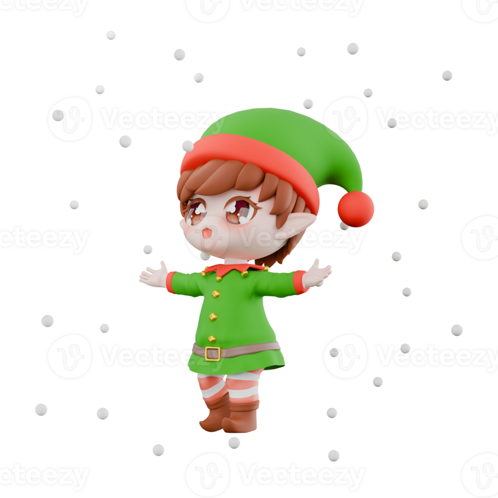 Chibi Elf 3D Model . A male Chibi Elf stands surrounded by snow with both hands open. Christmas Cartoon Character png