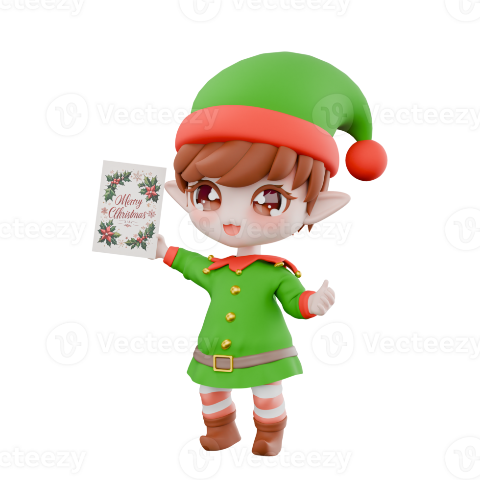 Christmas Chibi Elf Festive Cartoon. A Chibi Elf stands with her right hand holding a Christmas greeting card, with a wide smiling expression. 3D Model Design png