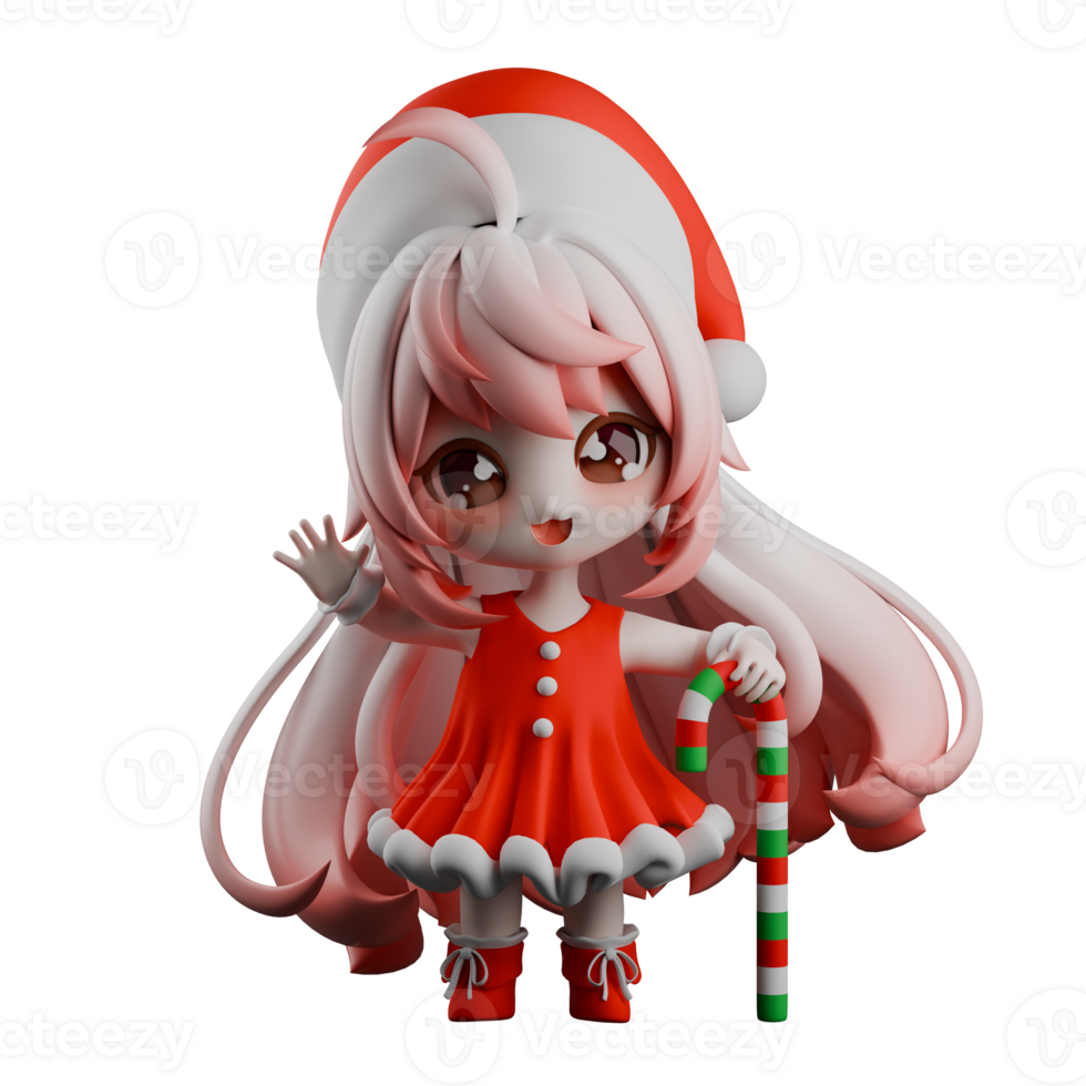 Chibi Christmas Santa Girl 3D Design. A Chibi Girls Santa stands with her left hand holding a stick and waving her right hand. Festive Cartoon Character png