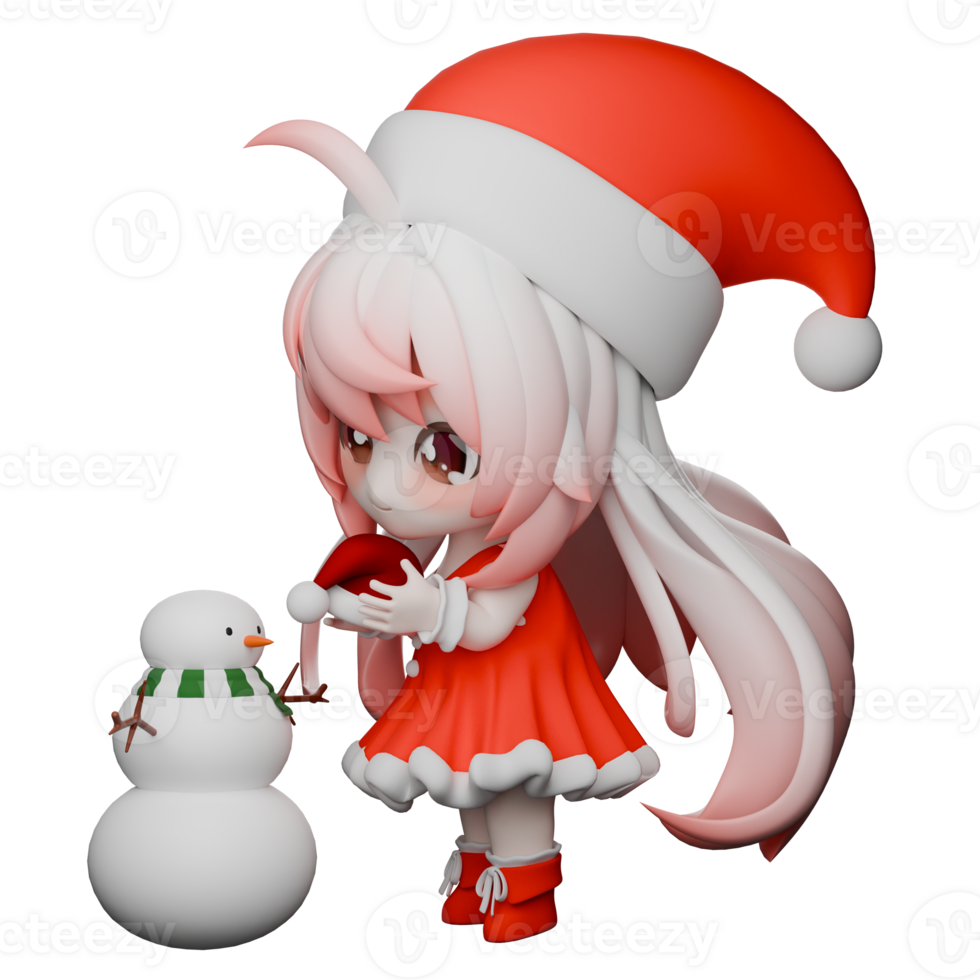 Chibi Girls Santa Christmas Model. A chibi girl Santa stands in front of a snowman holding a Christmas hat in both hands, as if wanting to put it on the snowman. 3D Cartoon Illustration png