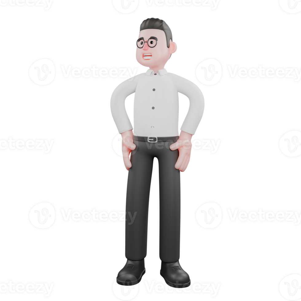 Animated 3D Cartoon. A male producer stands with both hands on his hips while his head is slightly tilted to the side, his eyes looking away with a bright expression. Animation png