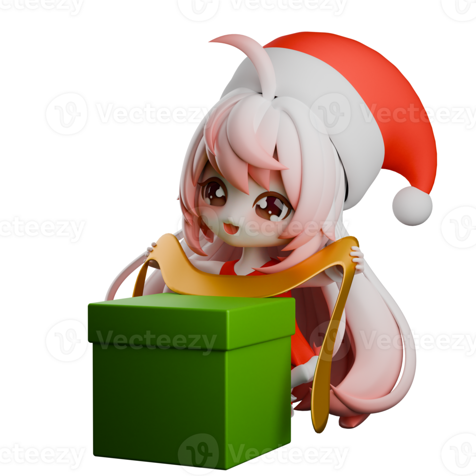 Holiday Festive Chibi Santa. A Chibi Girls Santa standing with both hands holding a large gift ribbon. Christmas Cartoon Model png