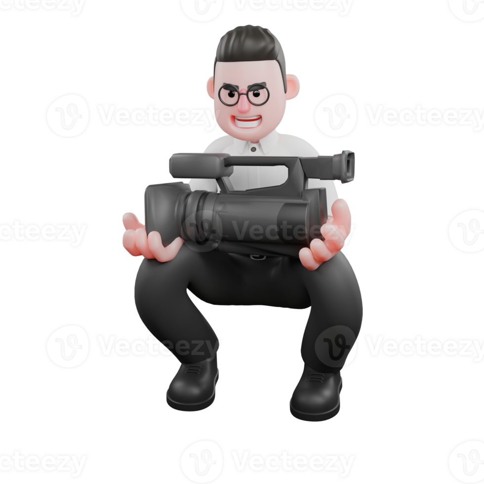 Creative 3D Model. A male producer sits squatting while both hands holding a studio camera with a wide smiling expression.Film Style png