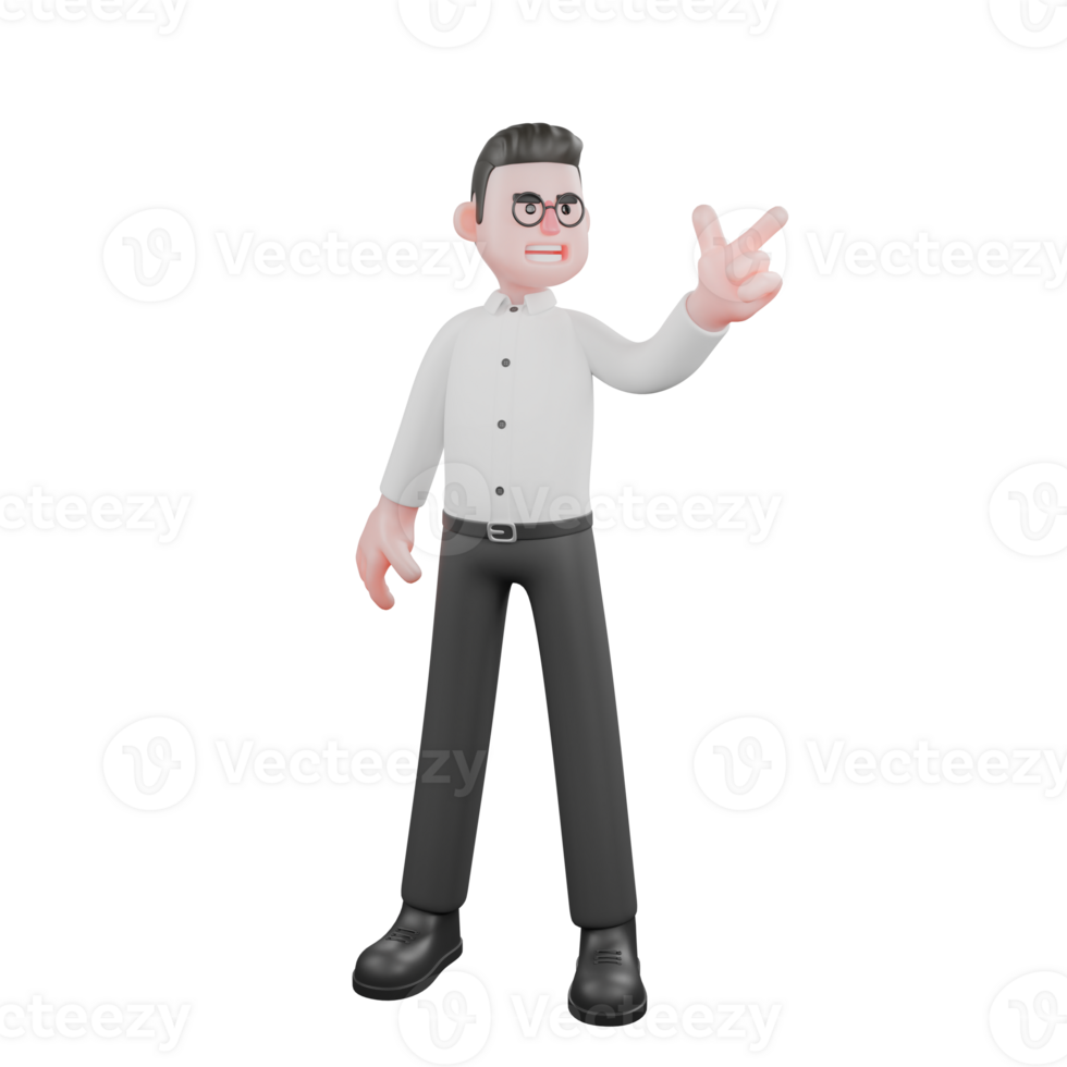 3D Producer Design. A male producer stands with his left hand pointing in a certain direction with an angry expression. Animation png