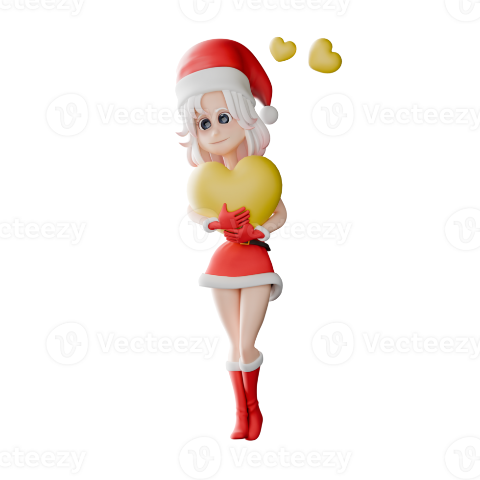 Holiday Girls Santa Claus 3D Model. A girl santa stands while hugging a love pillow in both hands. Festive Christmas Design png