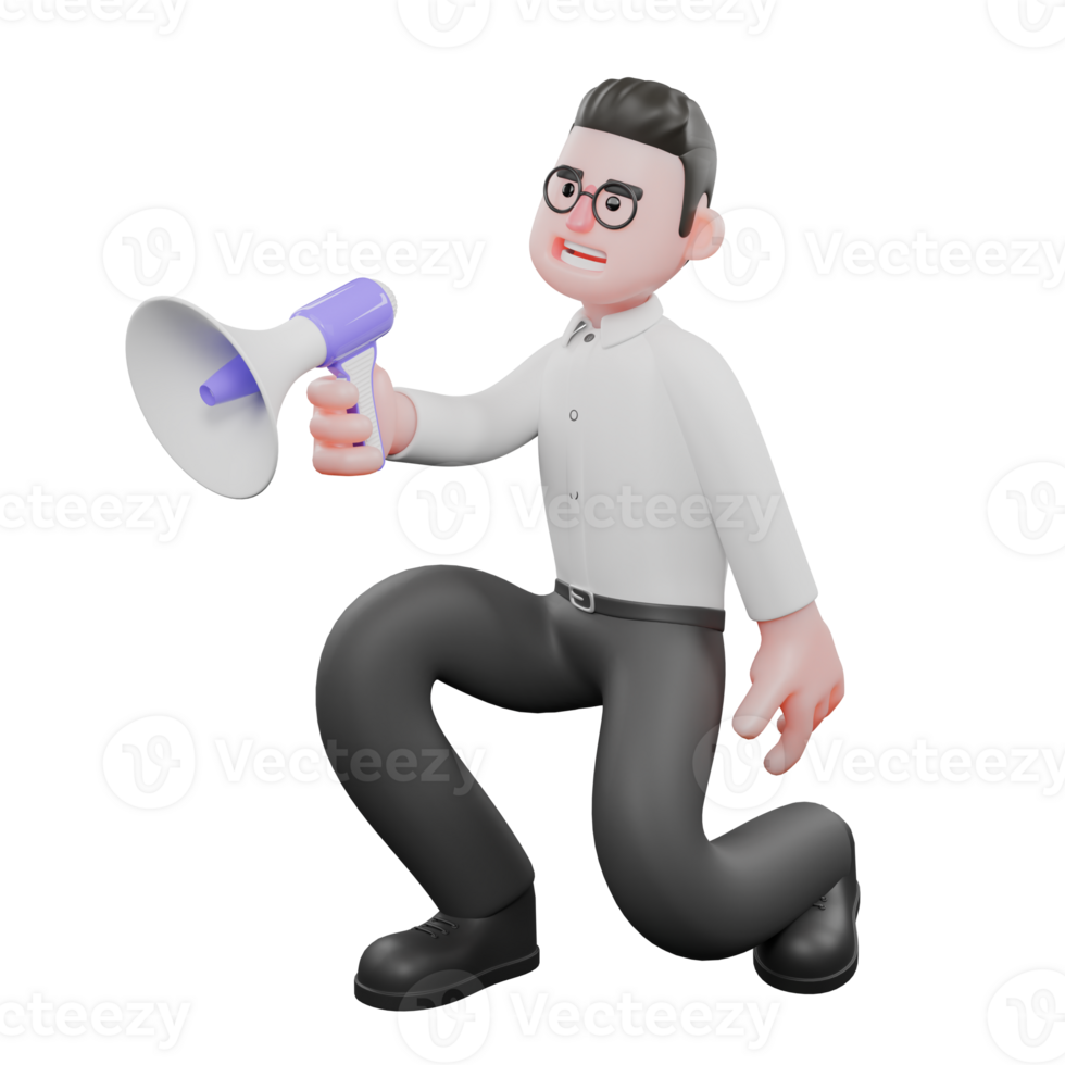 3D Producer Character.A male producer kneels with his right leg bent in front and his left leg bent back while his right hand holds a loudspeaker, a wide smile on his face. Movie Style png