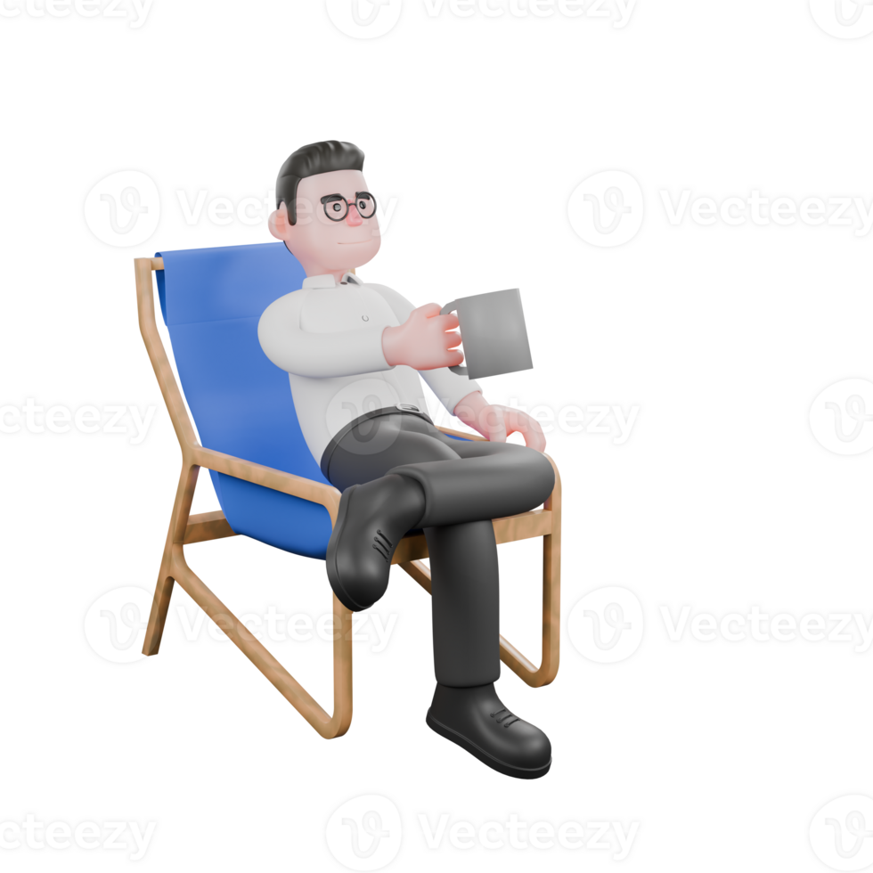 Film Set Cartoon Producer. A male producer sits on a lounge chair with his legs crossed, one hand holding a coffee cup with a serious expression. Professional Illustration png