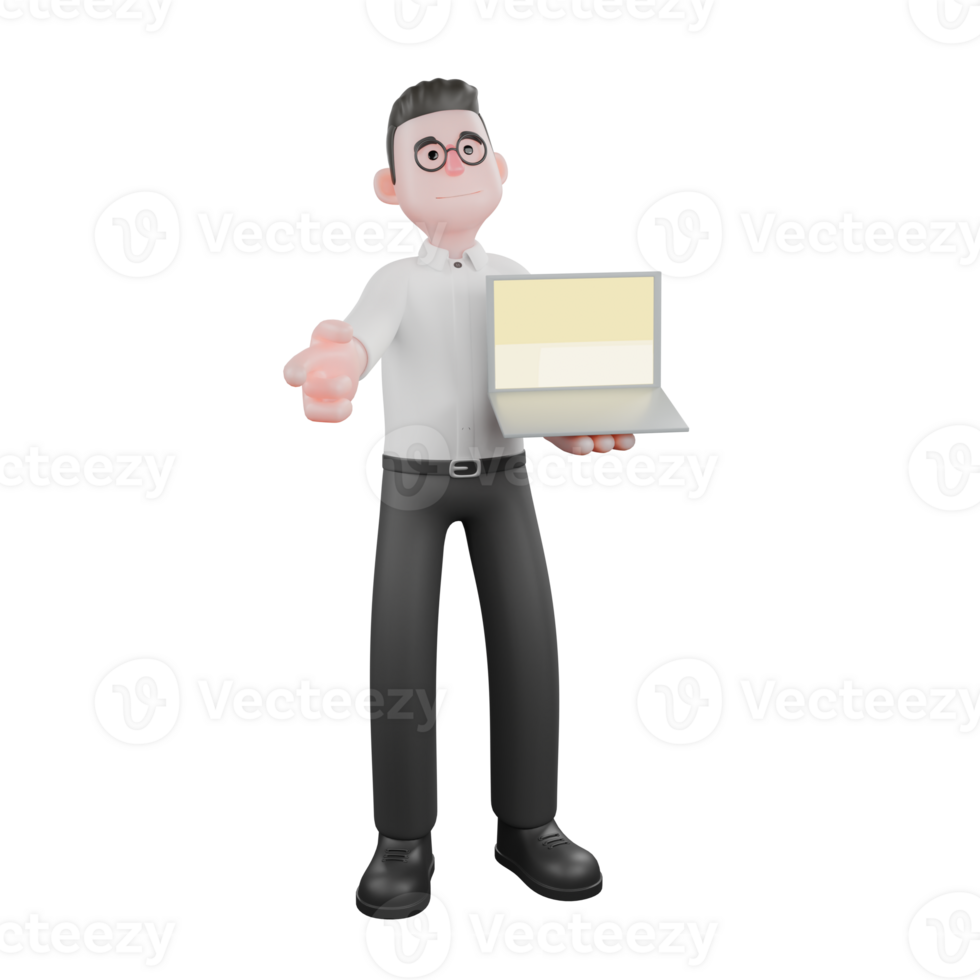 3D Cartoon Model. A male producer stands with his right hand pointing forward while his left hand holds an open laptop. Professional Illustration png