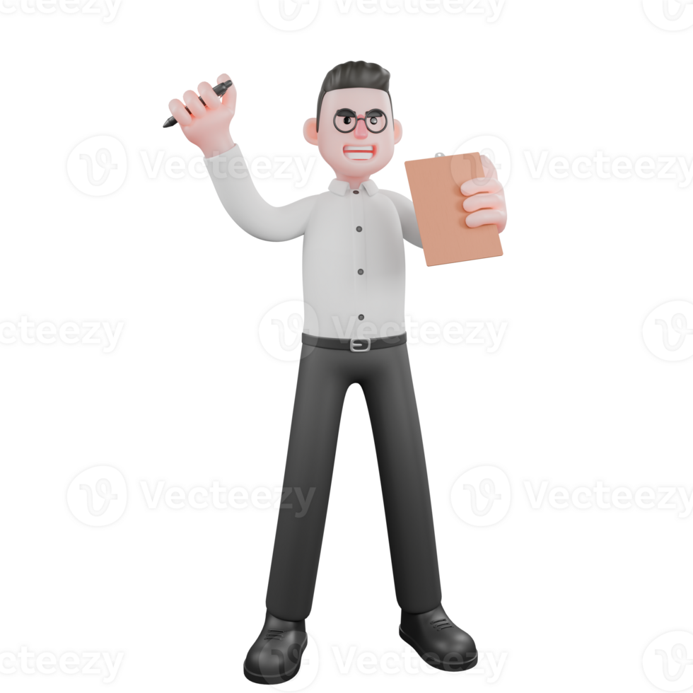 3D Cartoon Model. A male producer stands with his legs slightly apart while his right hand holds a pen and his left hand carries a clipboard. Animation png