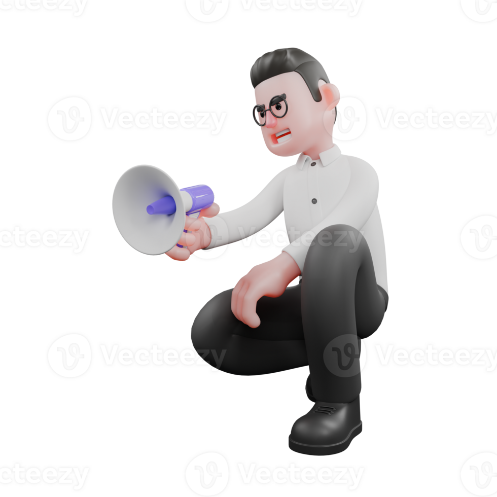 Cartoon Movie Director. A male producer crouches with one hand holding a loudspeaker while his head is slightly tilted, a wide smiling expression. Animation png