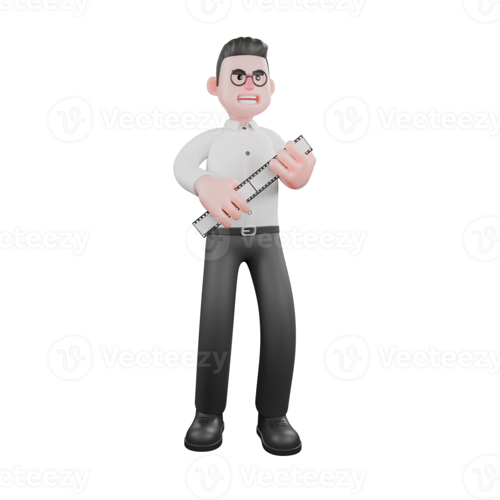 Producer Character in 3D. A male producer stands with both hands holding a film photo, a wide smiling expression Film Style png