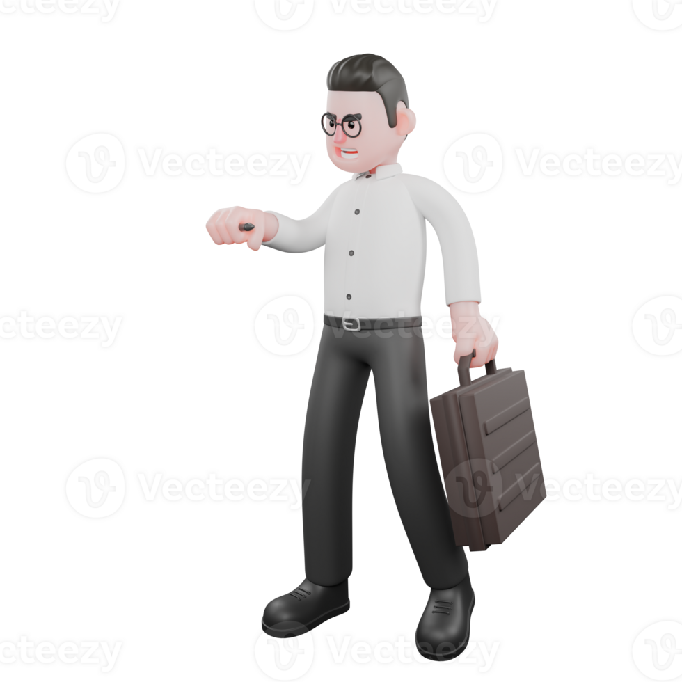 3D Movie Scene Producer. A male producer stands with his right hand holding a pencil while his left hand carries a black briefcase. Professional Model png