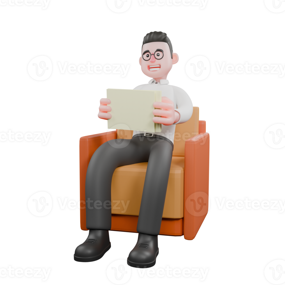 Producer Character in 3D. A male producer sits on a sofa with both hands holding paper, smiling with a happy expression. Movie Style png