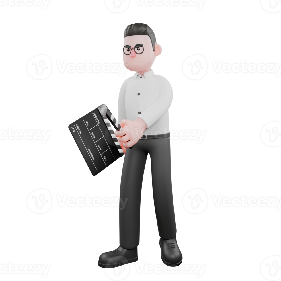 3D Film Producer Model. A male producer stands with his left hand holding a clap cut board. Cartoon 3D Model png